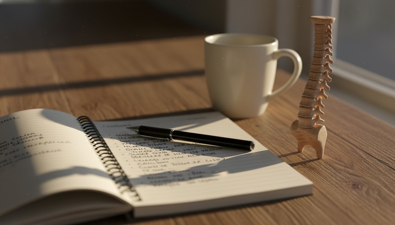 Handwritten clinic comparison notes with a spine model and coffee